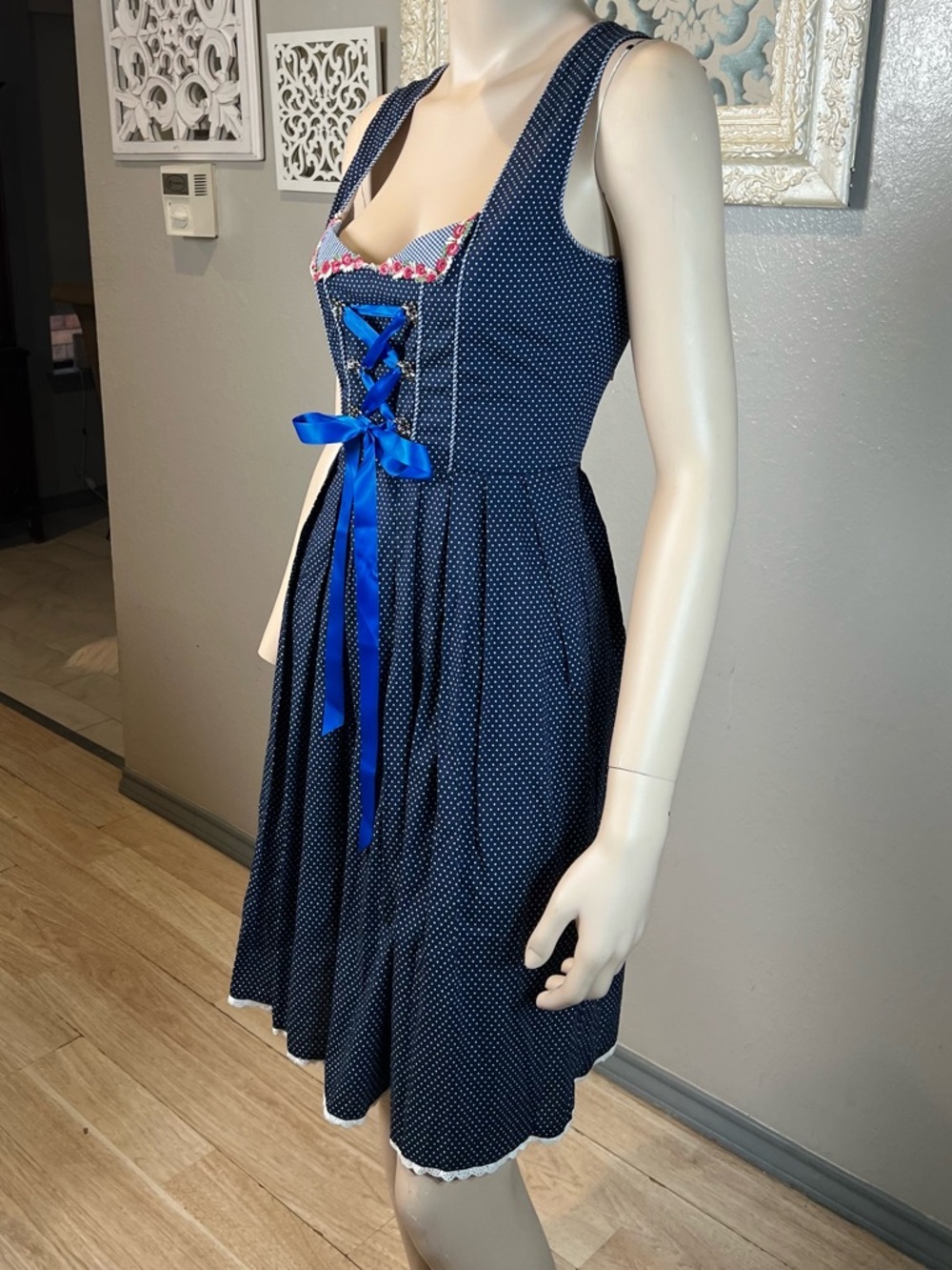 Navy Polka Dot Bavarian-Style Dress with Blue Ribbon - Picture 5 of 10